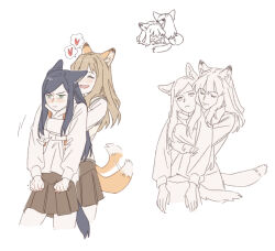 2girls animal_ears blue_hair blush brown_skirt clenched_hands closed_eyes closed_mouth commentary dog_ears dog_girl fox_ears fox_girl fox_tail fujino_shizuru fuuka_academy_school_uniform green_eyes guri_gom heart hood hoodie hug hug_from_behind kemonomimi_mode kuga_natsuki long_hair multiple_girls my-hime open_mouth pleated_skirt school_uniform simple_background skirt smile spoken_heart symbol-only_commentary tail white_background yuri