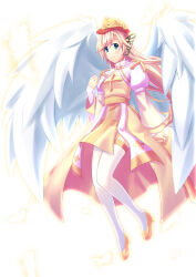 1girl absurdres aecclesia alternate_color animal animal_on_head arch_bishop_(ragnarok_online) blonde_hair blue_eyes blush breasts butterfly_wings cat cat_on_head cleavage_cutout closed_mouth clothing_cutout commentary commission cross dress english_commentary feathered_wings full_body hat head_wings high_heels highres insect_wings juliet_sleeves long_hair long_sleeves looking_at_viewer on_head puffy_sleeves ragnarok_online sash shoes simple_background small_breasts smile solo thighhighs two-tone_dress white_background white_dress white_thighhighs white_wings wings yellow_dress yellow_hat yellow_sash yellow_shoes