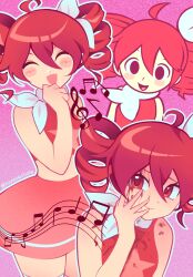 Rule 34 | 1girl, :d, ^ ^, bare shoulders, blood, blood on face, closed eyes, commentary, drill hair, english commentary, facing viewer, hanniecoole, highres, kasane teto, looking ahead, looking at viewer, multiple views, musical note, musical staff, open mouth, outline, parody, perfect blue, pink background, pink skirt, red eyes, red hair, red shirt, rhythm tengoku, shirt, skirt, smile, spoken for (synthesizer v), star (symbol), star print, style parody, synthesizer v, twin drills, utau, white outline