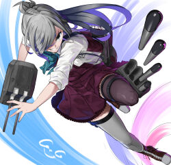 1girl absurdres adapted_turret aqua_bow aqua_bowtie asashimo_(kancolle) asashimo_kai_ni_(kancolle) asymmetrical_legwear blazer boots bow bowtie cannon dress gegesan grey_eyes grey_hair grey_thighhighs hair_over_one_eye highres jacket kantai_collection lace-up_boots long_hair machinery mast mismatched_legwear pleated_dress ponytail purple_dress purple_vest rigging school_uniform seamed_legwear sharp_teeth ship_turret shirt side-seamed_legwear signature sleeves_rolled_up smokestack standing standing_on_one_leg teeth thighhighs torpedo_launcher vest white_background white_shirt