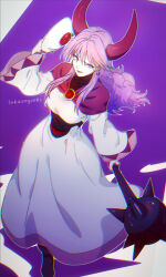 1girl akuma_shinkan artist_name boots brown_boots cape chromatic_aberration commentary_request cosplay dragon_quest dragon_quest_ii earrings floating_clothes floating_hair full_body gem highres holding holding_mace holding_mask holding_weapon horns jewelry long_hair looking_at_viewer looking_up mace mask open_mouth pink_trim princess_of_moonbrook purple_background purple_eyes purple_gemstone purple_hair red_cape red_gemstone red_horns robe smile solo sphere_earrings spiked_mace spikes tamago_tomato unworn_mask weapon white_background white_robe wrecktor wrecktor_(cosplay)