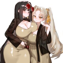 2girls absurdres black_hair black_jacket breasts brown_dress brown_eyes cleavage closed_mouth dress eyewear_on_head hand_on_another&#039;s_hip highres holding holding_smoking_pipe jacket large_breasts long_hair long_sleeves multiple_girls original parted_lips see-through_clothes see-through_jacket shrug_(clothing) simple_background smile smoking_pipe sunglasses twintails very_long_hair white_background yellow_eyes yunjuice