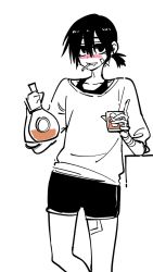 1boy aged_up alcohol bandages bandaid bandaid_on_face blush bottle cigarette cup decanter drinking_glass drooling grin highres lee_hoon liquor looking_at_viewer male_focus mouth_drool parkgee ponytail short_ponytail short_shorts shorts simple_background sketch smile solo suicide_boy whiskey white_background