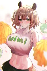 1girl animal_ears aroused_nosebleed blush breasts brown_hair cheerleader chromatic_aberration crop_top green_eyes green_skirt highres indie_virtual_youtuber kotodekun large_breasts midriff naplings_(nimi_nightmare) navel nimi_nightmare one_side_up pom_pom_(cheerleading) skirt sweat tank_top twitter_username virtual_youtuber