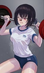 Rule 34 | 1girl, black hair, buruma, character request, commentary request, copyright request, dripping, exercising, grey background, gym uniform, highres, medium hair, nose clip, one eye closed, open mouth, pink eyes, ponytail, raftetram, short ponytail, simple background, solo, steam, steaming body, sweat, thighs, weightlifting, weights