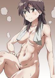 1girl absurdres breasts brown_eyes brown_hair convenient_censoring gertrud_barkhorn highres medium_breasts muscular muscular_female nervous_smile nude oinari_(koheihei1109) sauna simple_background sitting smile steam strike_witches sweat towel world_witches_series