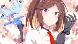 3girls absurdres bad_tag black_gloves blue_hair blue_sweater brown_eyes brown_hair end_card floral_background glasses gloves hair_ornament highres izutsumi_marin koga_konoha kusagakure_satoko multiple_girls necktie ninja_to_koroshiya_no_futarigurashi official_art orange_eyes outstretched_arms pants purple_hair red_necktie shirt shoes short_hair shuriken_hair_ornament side_ponytail skull_hair_ornament sneakers spread_arms sweater ukami unicorn white_shirt yellow_eyes