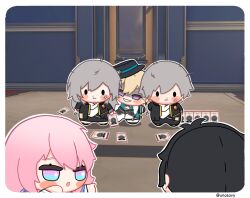 Rule 34 | + +, 2girls, 3girls, astral express (honkai: star rail), aventurine (honkai: star rail), black boots, black coat, black eyes, black gloves, black hair, black hat, black jacket, black pants, black shoes, black skirt, black vest, blonde hair, blue eyes, blue jacket, blue shirt, blush stickers, boots, caelus (honkai: star rail), card, chibi, chibi only, closed mouth, clothing cutout, coat, collared shirt, commentary, dan heng (honkai: star rail), dan heng (hunt) (honkai: star rail), door, earrings, english commentary, floor, full body, fur-trimmed jacket, fur trim, gloves, grey hair, hair between eyes, hat, heart cutout, highres, holding, holding card, honkai: star rail, honkai (series), indoors, jacket, jewelry, lap, long hair, long sleeves, looking at another, march 7th (honkai: star rail), march 7th (preservation) (honkai: star rail), multicolored eyes, multiple boys, multiple girls, open clothes, open coat, open jacket, pants, pink eyes, pink hair, playing card, purple eyes, sad, shaded face, shirt, shoes, short hair, single earring, skirt, smile, smug, stellar jade, stelle (honkai: star rail), t-shirt, teeth, thigh strap, trailblazer (honkai: star rail), unosavy, upper body, vest, white pants, white shirt