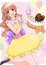 1girl :3 absurdres balloon birthday_cake black_shoes blush border braid brown_eyes brown_hair cake collarbone cowboy_shot dated dress earrings english_text fingernails flower food fork frilled_wrist_cuffs frills hair_flower hair_ornament happy_birthday high_heels highres hogehogemoji06 holding holding_fork idolmaster idolmaster_cinderella_girls jewelry leg_up long_hair moroboshi_kirari nail_polish necklace open_mouth orange_nails outline outside_border pink_background shoes sleeveless sleeveless_dress smile solo striped_background white_border white_flower white_outline wrist_cuffs yellow_dress