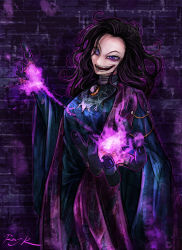 1girl agatha_harkness amulet animification black_hair brick_wall commentary_request energy glowing highres long_hair looking_at_viewer marvel marvel_cinematic_universe purple_eyes ray-k robe signature smirk solo wandavision wide_sleeves witch