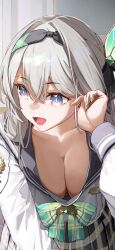 1girl absurdres ailushin black_hairband blue_eyes blue_pupils bow bowtie breasts checkered_clothes checkered_skirt cleavage downblouse extended_downblouse firefly_(honkai:_star_rail) firefly_(spring_missive)_(honkai:_star_rail) green_bow green_bowtie grey_hair grey_sailor_collar grey_skirt hairband highres honkai:_star_rail honkai_(series) indoors large_breasts leaning_forward looking_to_the_side multicolored_eyes official_alternate_costume open_mouth plaid_bow plaid_bowtie plaid_clothes plaid_skirt purple_eyes sailor_collar shirt skirt solo two-tone_eyes white_shirt