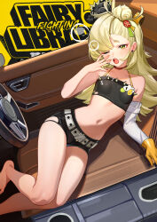 Rule 34 | 1girl, absurdres, bandeau, bare legs, bare shoulders, barefoot, belt, black shorts, blonde hair, blush, breasts, choker, collarbone, commentary request, crop top, detached sleeves, gloves, hair ornament, highres, long hair, long sleeves, looking at viewer, midriff, navel, one eye closed, open mouth, petite, piper wheel, red choker, short shorts, shorts, single glove, single sleeve, small breasts, solo, squeans, stomach, thighs, white belt, white sleeves, yawning, yellow eyes, yellow gloves, yueyueyue yao, zenless zone zero