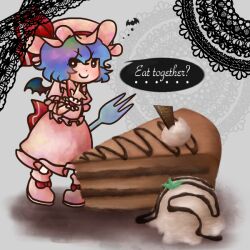 1girl bat_(animal) bat_wings blue_hair bow cake chibi chibi_only chocolate chocolate_cake closed_mouth commentary_request food fork hat hat_ribbon hijiri_(xxhizirixx) holding holding_fork ice_cream looking_at_viewer mob_cap oversized_food oversized_object pink_hat pointing pointing_at_self remilia_scarlet ribbon short_hair short_sleeves smile solo touhou waist_bow wings wrist_cuffs