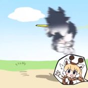 2girls animal_ears animated commentary frisbee gloves grass grey_wolf_(kemono_friends) heterochromia kemono_friends midair motion_blur multiple_girls necktie plaid pleated_skirt reticulated_giraffe_(kemono_friends) skirt spinning sweatdrop tail taro_(tontaro) thighhighs video zettai_ryouiki