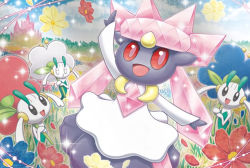 :d black_eyes blue_sky castle closed_eyes cloud cloudy_sky creature day diancie facing_another floette floette_(blue_flower) floette_(red_flower) floette_(white_flower) flower gen_6_pokemon hand_up happy holding holding_flower legendary_pokemon looking_at_another mizue mythical_pokemon nintendo no_humans official_art open_mouth outdoors outstretched_arms pokemon pokemon_(creature) pokemon_tcg red_eyes sky smile spread_arms third-party_source