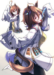 Rule 34 | 1girl, agnes tachyon (umamusume), ahoge, animal ears, arm up, black pantyhose, blue necktie, brown hair, brown tail, buttons, cowboy shot, earrings, expressive hair, hair between eyes, highres, horse ears, horse girl, horse tail, jewelry, lab coat, looking at viewer, looking back, medium hair, messy hair, multiple views, necktie, okusan4645, open mouth, pantyhose, partially unzipped, pouring, red eyes, short necktie, sidelocks, simple background, single earring, sleeves past fingers, sleeves past wrists, sweatdrop, sweater vest, tail, test tube, tongue, tongue out, umamusume, very long sleeves, white background, wide sleeves, yellow sweater vest, zipper, zipper pull tab