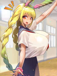 1girl :d arm_scrunchie blonde_hair blue_sailor_collar blue_skirt bouncing_breasts braid breasts ceiling feathered_wings feathers gradient_hair gradient_wings green_hair green_wings hallway head_wings highres huge_breasts light_particles motion_lines multicolored_hair multicolored_wings neckerchief neckerchief_between_breasts open_mouth original pink_scrunchie pink_wings pleated_skirt red_eyes sailor_collar school school_uniform scrunchie serafuku shiny_skin skirt smile solo teeth tile_ceiling tiles twin_braids two-tone_hair two-tone_wings umigarasu_(kitsune1963) upper_teeth_only window wings wooden_floor