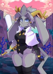 1girl absurdres animal_ears animal_nose black_shirt blue_eyes bottomless breasts buttons furry furry_female gem grey_fur highres horns large_breasts no_panties no_pants pseudoregalia rabbit_ears razur_draws shirt sybil_(pseudoregalia) tail thick_eyebrows weapon wide_hips