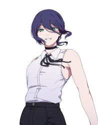 1girl black_choker chainsaw_man choker green_eyes hair_between_eyes highres kuroerei looking_at_viewer medium_hair purple_hair reze_(chainsaw_man) ribbon shirt skirt sleeveless solo white_shirt