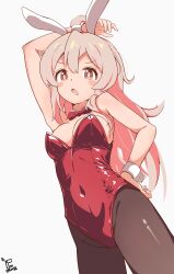 1girl ahoge animal_ear_hairband animal_ears black_pantyhose bow bowtie breasts brown_eyes covered_navel cruvie detached_collar fake_animal_ears hairband hand_on_own_hip highres leotard long_hair medium_breasts onii-chan_wa_oshimai! open_mouth oyama_mahiro pantyhose pink_hair playboy_bunny rabbit_ears red_bow red_bowtie red_leotard simple_background solo strapless strapless_leotard v-shaped_eyebrows white_background wrist_cuffs