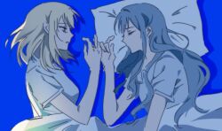 Rule 34 | 2girls, bang dream!, bang dream! it&#039;s mygo!!!!!, blonde hair, blue background, blue hair, closed eyes, from above, hamibandi, holding hands, long hair, looking at another, medium hair, misumi uika, multiple girls, parted lips, pillow, purple eyes, shirt, short sleeves, simple background, sleeping, togawa sakiko, under covers, white shirt, yuri