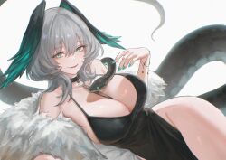 1girl absurdres arknights between_breasts black_collar black_dress black_snake bracelet breasts c113oreo collar commentary dress fangs fur_shawl green_eyes green_nails grey_hair hair_between_eyes head_wings highres ho&#039;olheyak_(arknights) huge_breasts jewelry looking_at_viewer low_neckline lying medium_hair on_side pelvic_curtain shawl sleeveless sleeveless_dress smile snake_girl snake_tail solo strap_between_breasts symbol-only_commentary tail thighs wings