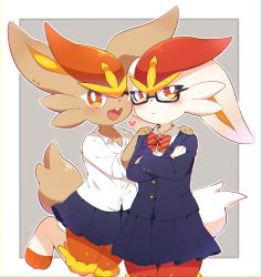 2girls absurdres alternate_color animal_feet averting_eyes black-framed_eyewear blue_jacket blue_skirt blush body_fur border bow bowtie bright_pupils brown_fur buck_teeth buttons cheek-to-cheek chromatic_aberration cinderace closed_mouth clothed_pokemon collared_shirt cowboy_shot crossed_arms female_focus flat_chest furry furry_female gen_8_pokemon glasses grey_background hands_on_another&#039;s_shoulders hands_up happy heads_together heart highres jacket leg_up long_sleeves looking_at_viewer looking_to_the_side miniskirt multiple_girls nintendo one_eye_closed open_mouth orange_fur orange_hair outline outside_border pleated_skirt pocket pokemon pokemon_(creature) rabbit_ears rabbit_girl rabbit_tail red_bow red_bowtie red_eyes red_fur red_hair school_uniform semi-rimless_eyewear shiny_and_normal shiny_pokemon shirt short_hair short_sleeves simple_background skirt smile standing standing_on_one_leg striped_bow striped_bowtie striped_clothes subaru331 teeth unmoving_pattern white_border white_fur white_outline white_pupils white_shirt