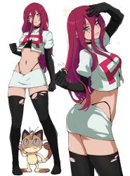 1girl absurdres arm_up black_gloves black_thighhighs blue_eyes commentary crop_top earrings elbow_gloves frown gen_1_pokemon gloves hair_between_eyes hair_down highres holding holding_poke_ball jessie_(pokemon) jewelry kekel long_hair makeup meowth multiple_views nintendo panty_straps parted_lips poke_ball poke_ball_(basic) pokemon pokemon_(anime) pokemon_(classic_anime) pokemon_(creature) red_lips runny_makeup simple_background skindentation skirt sparkling_eyes sphere_earrings team_rocket team_rocket_uniform thighhighs thighs torn_clothes torn_thighhighs white_background white_skirt
