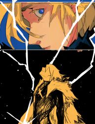 1boy armor black_fur blonde_hair cape closed_mouth colored_eyelashes commentary covered_eyes dimitri_alexandre_blaiddyd dimitri_alexandre_blaiddyd_(timeskip) english_commentary eyelashes fire_emblem fire_emblem:_three_houses fur-trimmed_cape fur_trim head_back highres kairoskairo lightning looking_to_the_side male_focus multiple_views nintendo parted_lips sideways_glance sky star_(sky) starry_sky