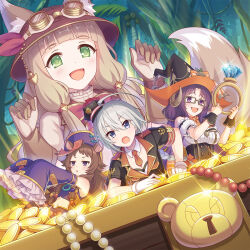 4girls :d :o ahoge album_cover animal_ear_fluff animal_ears black_corset black_jacket black_wrist_cuffs blue_eyes blunt_bangs blush breasts brown_hair cleavage coin collar collarbone commentary_request corset cover detached_collar detached_sleeves fang fox_ears frilled_sleeves frills gem glasses gloves goggles goggles_on_headwear gold_coin green_eyes grey_hair hair_between_eyes hands_up hat highres holding holding_jewelry holding_ring horns jacket jewelry lapels long_hair looking_at_viewer low_twintails maho_(explorer)_(princess_connect!) maho_(princess_connect!) medium_breasts multiple_girls nanaka_(halloween)_(princess_connect!) nanaka_(princess_connect!) navel necktie notched_lapels official_art open_mouth orange_necktie pearl_(gemstone) princess_connect! purple_eyes rectangular_eyewear rin_(halloween)_(princess_connect!) rin_(princess_connect!) ring short_hair short_necktie short_sleeves sleeves_past_fingers sleeves_past_wrists smile squirrel_ears tomo_(halloween)_(princess_connect!) tomo_(princess_connect!) treasure_chest twintails very_long_sleeves white_collar white_gloves witch_hat wrist_cuffs