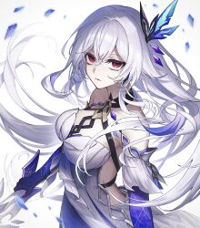 Rule 34 | 1girl, absurdres, armpit peek, backless dress, backless outfit, blue dress, blue gloves, breast strap, breasts, chest strap, cleavage, closed mouth, collarbone, dress, elbow gloves, feather hair ornament, feathers, genshin impact, gloves, hair ornament, highres, holding, holding sword, holding weapon, large breasts, long hair, looking at viewer, multicolored dress, oomisou, red eyes, skirk (genshin impact), solo, standing, sword, very long hair, weapon, white background, white dress, white hair