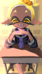 1girl against_desk alternate_costume artist_name black_serafuku blonde_hair classroom close-up colored_extremities colored_mouth colored_tongue crossed_ankles day desk elbow_rest feet_out_of_frame forehead frye_(splatoon) frye_(young)_(splatoon) highres indoors looking_at_viewer nintendo no_lineart on_chair open_mouth orange_pupils own_hands_together purple_tongue raised_eyebrows school_uniform serafuku short_bangs side_part sidelighting sitting solo splatoon_(series) splatoon_3 straight-on sunlight symmetry topknot yonayona_(alumi_yonayona)