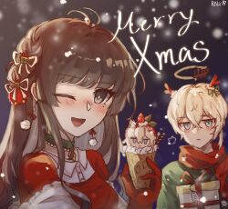 Rule 34 | 1boy, 1girl, antlers, arknights, blonde hair, blue eyes, blush, box, brown hair, character-themed food, closed mouth, commentary request, crossed bangs, executor (arknights), eyelashes, fake antlers, food, fruit, gift, gift box, highres, holding, holding gift, horns, jelly rabi, long hair, merry christmas, one eye closed, open mouth, reindeer antlers, signature, smile, snowflakes, snowing, strawberry, upper body, virtuosa (arknights)