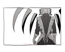alternate_hairstyle apron arm_at_side detached_wings dress facing_away from_behind greyscale hair_ornament hii_(aisiteru6918moon) kagerou_project kozakura_marry lonely long_hair monochrome scales short_hair_with_long_locks simple_background sleeve_cuffs spot_color string string_of_fate translation_request upper_body wings