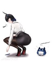 1girl absurdres ass black_hair black_horns black_pantyhose black_skirt blue_hair commission dated english_text highres hololive hololive_english horns jailbird_(nerissa_ravencroft) long_sleeves miniskirt multicolored_hair nerissa_ravencroft nerissa_ravencroft_(casual) office_lady official_alternate_costume official_alternate_hairstyle pantyhose pen shirt short_hair simple_background skirt snipsman squatting virtual_youtuber white_background white_shirt
