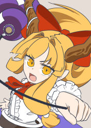 1girl absurdres blonde_hair bow bowtie brown_horns center_frills commentary_request fang frills gourd grey_background hair_bow highres horns ibuki_suika kurohiba long_hair looking_at_viewer open_mouth purple_skirt red_bow red_bowtie shirt sidelocks simple_background skirt solo touhou upper_body white_shirt wrist_cuffs yellow_eyes