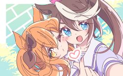 Rule 34 | 2girls, animal ears, blue eyes, brown hair, cheek-to-cheek, commentary request, finger heart, heads together, heart, highres, honkawa works, horse ears, horse girl, long hair, looking at viewer, looking up, mayano top gun (umamusume), multicolored hair, multiple girls, one eye closed, open mouth, orange hair, ponytail, sailor collar, short sleeves, streaked hair, tokai teio (umamusume), two-tone hair, umamusume, upper body, white hair, white sailor collar, yellow eyes