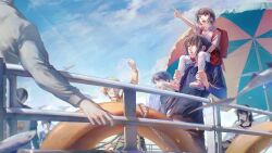 3girls 5boys akraptor_hon arm_up bag beach_umbrella black_hair black_pants black_shirt blonde_hair blue_sky brown_eyes brown_hair child closed_eyes closed_mouth floats glasses grey_hair hands_up happy highres ja_wangnan jacket jyu_viole_grace kang_horyang long_hair long_sleeves multiple_boys multiple_girls open_mouth pants pink_shirt pointing prince_(tower_of_god) red_eyes red_skirt shancunyinian shirt shoes short_hair sitting skirt sky smile sneakers socks surprised tongue tower_of_god twenty-fifth_bam umbrella very_long_hair very_short_hair white_shirt white_socks yellow_eyes yellow_jacket yeo_goseng yeo_miseng yeon_yihwa