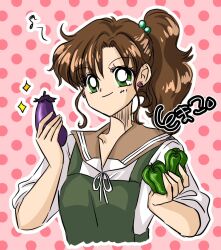 1girl apron bell_pepper bishoujo_senshi_sailor_moon brown_hair brown_sailor_collar earrings eggplant flower_earrings green_eyes hair_bobbles hair_ornament highres jewelry kino_makoto kino_makoto&#039;s_school_uniform long_hair ponytail rockcandy_0000 sailor_collar school_uniform serafuku smile solo