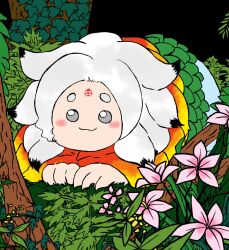 1girl :3 all_fours black_background blush_stickers closed_mouth commentary_request flower forehead_tattoo full_body grey_eyes grey_hair highres houjuu_chimi leaf leaf_clothing long_hair looking_at_viewer orange_shirt pink_flower plant shirt smile solo thick_eyebrows touhou tree yanagita_(daitai_2_ton)