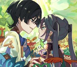 1boy 1girl anemo_symbol_(genshin_impact) aqua_gemstone aqua_sleeves aranara_(genshin_impact) armlet black_bow black_hair blue_cape blue_gemstone blunt_ends bodysuit bow bridal_gauntlets brown_bodysuit canopy_(forest) cape creature detached_sleeves earrings eye_contact face-to-face feathers fingernails fur_collar gem genshin_impact gold gold_ring green_eyes grey_eyes hair_between_eyes hair_bow half-closed_eyes hand_on_another&#039;s_arm hetero highres hydro_symbol_(genshin_impact) japanese_clothes jewelry kimono layered_sleeves leotard long_hair looking_at_another mandarin_collar middle_ring mona_(genshin_impact) open_mouth plant pom_pom_(clothes) purple_leotard purple_rope purple_sleeves rope sanpaku scaramouche_(genshin_impact) short_sleeves shrug_(clothing) sidelocks smirk star_(symbol) star_earrings tsurime twintails v-shaped_eyebrows vision_(genshin_impact) wanderer_(genshin_impact) white_kimono white_mouth white_sleeves yellow_feathers ysnden