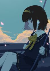 1girl black_eyes black_hair black_jacket black_skirt blue_sky blunt_bangs chill_(chill_meal) collared_shirt daisan_no_shinzou_(vocaloid) earbuds earphones falling_petals feet_out_of_frame from_side hairband highres jacket lapels long_sleeves looking_down neck_ribbon on_swing orange_clouds outdoors petals pleated_skirt profile ribbon shirt short_hair sitting skirt sky solo swing vocaloid yellow_hairband yellow_ribbon