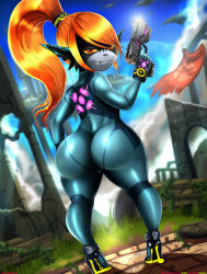 1girl ass blonde_hair blue_bodysuit bodysuit cameltoe cosplay flat_chest gun huge_ass metroid midget midna mole nintendo ponytail red_eyes samus_aran samus_aran_(cosplay) shadman shortstack super_smash_bros. the_legend_of_zelda the_legend_of_zelda:_twilight_princess thecon thighs weapon zero_suit