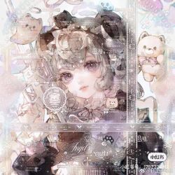 Rule 34 | 1girl, antenna hair, black jacket, black vest, brown hair, brown hairband, chinese commentary, commentary request, commission, dagongren baozai, dog hair ornament, eyelashes, frilled hairband, frilled shirt, frills, ghost, hair between eyes, hair ornament, hairband, happy, highres, jacket, juliet sleeves, long hair, long sleeves, looking at viewer, neck ribbon, open clothes, open jacket, original, paw print, pink ribbon, puffy sleeves, purple eyes, ribbon, sample watermark, shirt, solo, stuffed animal, stuffed dog, stuffed toy, too many watermarks, two side up, upper body, vest, watermark, weibo watermark, white background, white shirt, xiaohongshu watermark