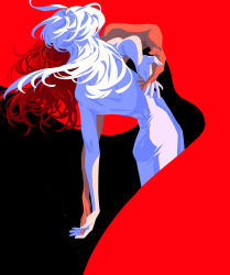 2girls absurdres backless_dress backless_outfit bare_arms black_background black_dress bluish_gray_cat commentary dancing dress gundam gundam_suisei_no_majo highres holding_hands interlocked_fingers long_hair miorine_rembran multiple_girls red_background red_hair strapless strapless_dress suletta_mercury two-tone_background white_hair yuri