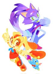 2girls animal_ears animal_nose arm_up blaze_the_cat brown_eyes cat_ears cat_girl cat_tail chao_(sonic) cheese_(sonic) closed_mouth cream_the_rabbit dress eyelashes forehead_jewel fur-trimmed_footwear fur-trimmed_gloves fur_trim furry furry_female gloves green_eyes highres index_finger_raised jacket looking_at_viewer multiple_girls one_eye_closed open_mouth outstretched_arm pants ponytail purple_fur purple_jacket rabbit_ears rabbit_girl shoes simple_background smile sonic_(series) tail tokiwa757 white_gloves white_pants