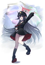 1girl :d absurdres arm_up black_boots black_hair black_shirt black_skirt black_socks blue_archive boots breast_pocket breasts chiaki_(blue_archive) cleavage commentary_request demon_girl demon_horns full_body halo highres holding holding_umbrella horns kokage_yugure long_hair long_sleeves looking_at_viewer medium_breasts miniskirt necktie open_mouth pocket pointy_ears puffy_long_sleeves puffy_sleeves rain red_eyes red_halo red_necktie shirt sidelocks simple_background skirt smile socks solo teeth transparent transparent_umbrella two-sided_fabric two-sided_skirt umbrella upper_teeth_only very_long_hair white_background
