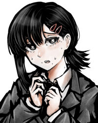 1girl black_eyes black_hair black_jacket black_necktie chainsaw_man collared_shirt hair_ornament hairclip higashiyama_kobeni highres jacket mole mole_under_eye mole_under_mouth multiple_moles necktie ponytail shirt short_ponytail simple_background single_sidelock solo suit_jacket sweat tsukihi_shida white_background white_shirt