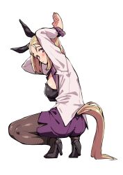 1girl absurdres animal_ears black_leotard black_shoes blonde_hair breasts brown_pantyhose commentary_request fake_animal_ears fishnet_pantyhose fishnets hands_up highres horse_girl horse_tail leotard medium_breasts narita_top_road_(umamusume) pantyhose playboy_bunny purple_skirt rabbit_ears shirt shoes short_hair simple_background skirt solo squatting tail umamusume white_background white_shirt yuki_usagi_(agtd5758)