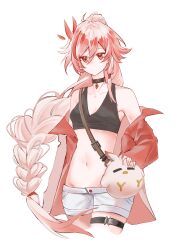 Rule 34 | 1girl, belt, black choker, breasts, chinese commentary, choker, coat, commentary request, crop top, cropped legs, fu hua, fu hua (garuda), highres, honkai (series), honkai impact 3rd, jingwei (bird), long braid, long hair, navel, official alternate costume, red coat, red eyes, red hair, short shorts, shorts, simple background, sinka78035570, small breasts, solo, stomach, thigh belt, thigh strap, very long hair, white background, white shorts